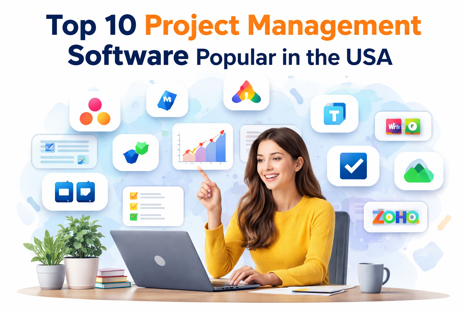 Top 10 project management software popular in the USA illustration with productivity tools dashboard